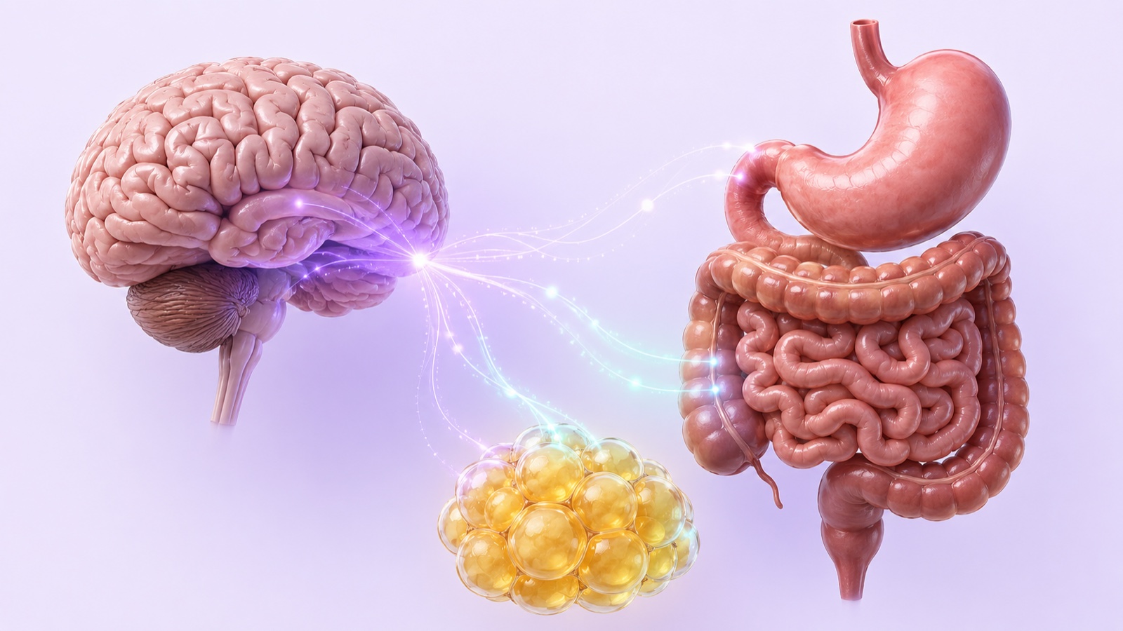Illustration of the gut–brain–adipose signalling axis: a glowing brain connected to the stomach, intestine and adipose tissue